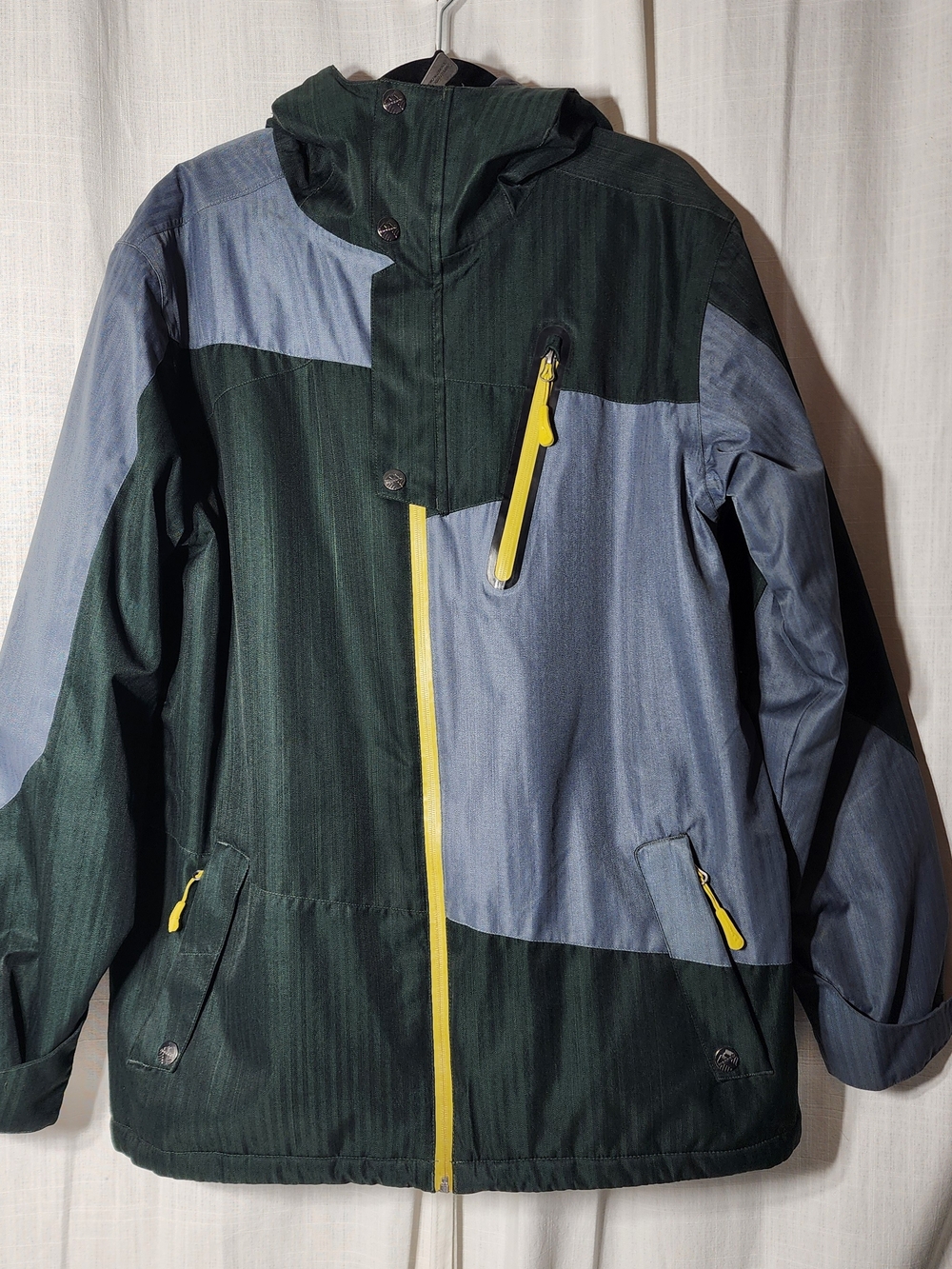 Men's Hooded Colorblock Raincoat in Dark Green, Gray & Yellow Trim